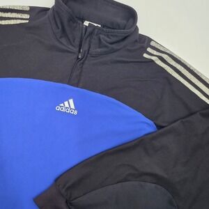 VINTAGE Y2K ADIDAS TRACK JACKET MENS LARGE 1/4 ZIP BLACK BLUE 3 STRIPES 2001